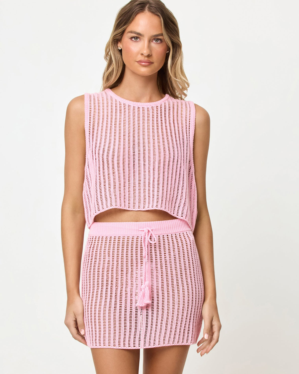 Rosewater | Badge:New Arrival_#B2AC88_#ffffff'
LSPACE Sander Top and Skirt in Rosewater, close-up front view on model.
