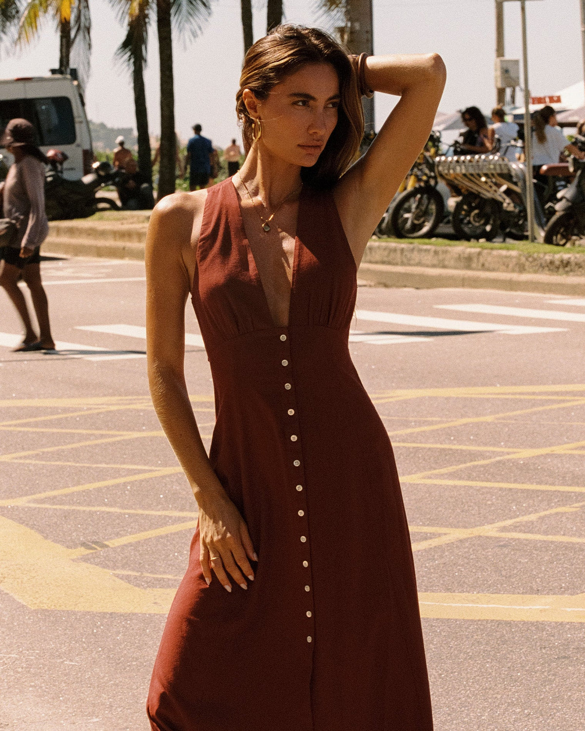 Dusty Fig | Badge:New Arrival_#B2AC88_#ffffff'
LSPACE Arlo maxi dress in Dusty Fig, close-up detail view on model.