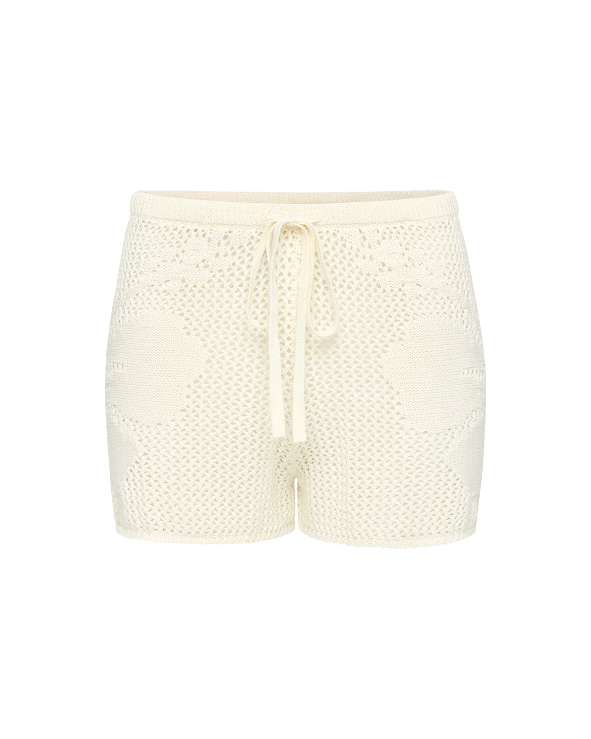 Off-model view of the LSPACE Island Time Short in Cream, an open-knit crochet short with a floral motif and drawstring waist.