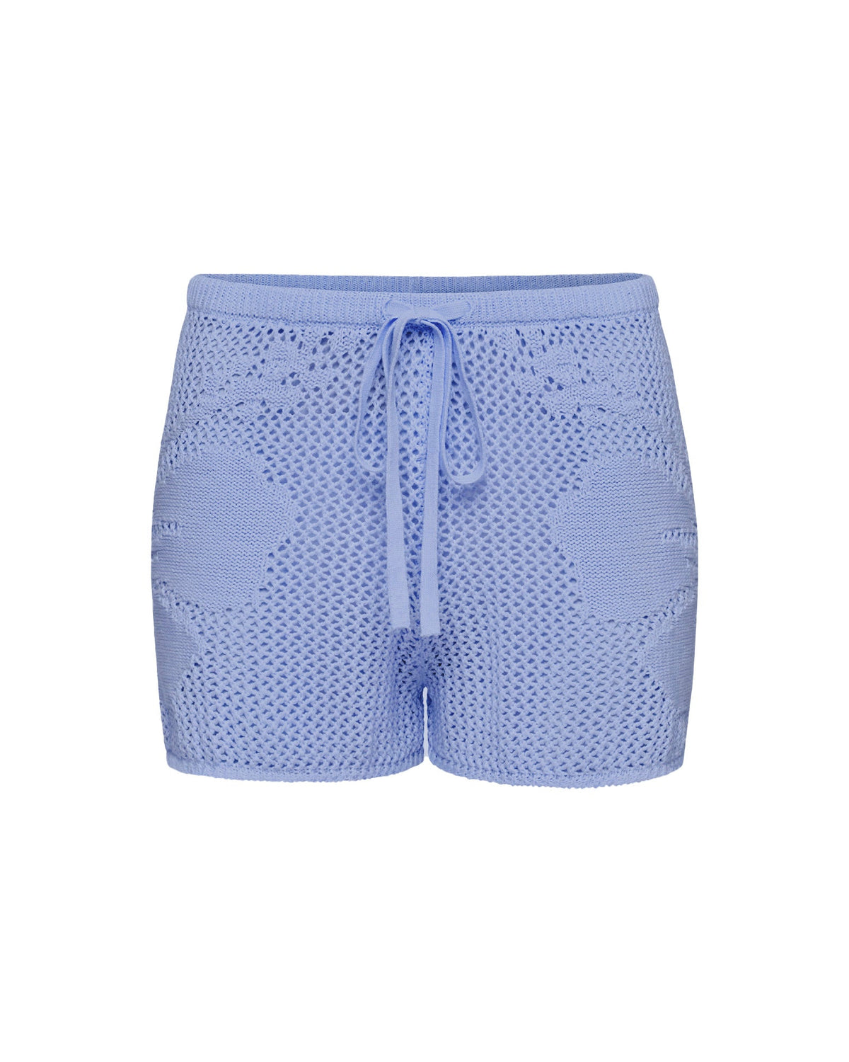 Off-model view of the LSPACE Island Time Short in Chambray, an open-knit crochet short with a floral motif and drawstring waist.
