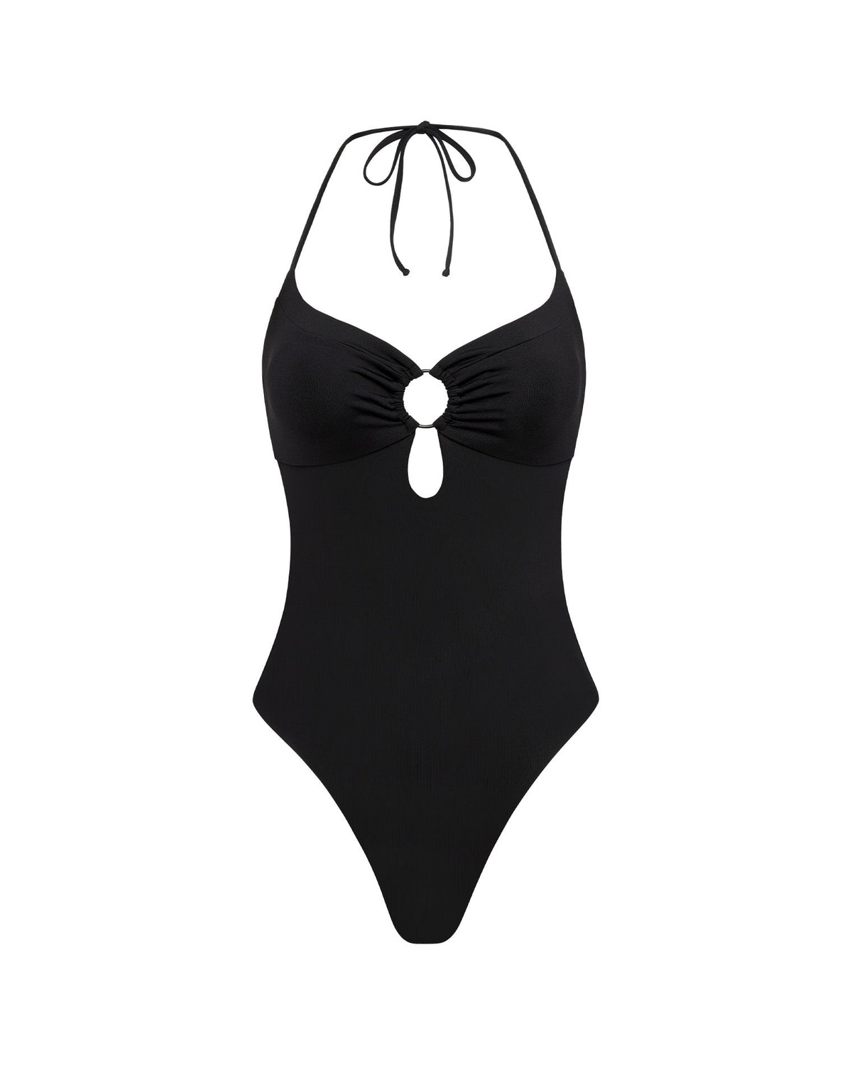 Off-model front view of the LSPACE Black Juno One Piece Swimsuit.