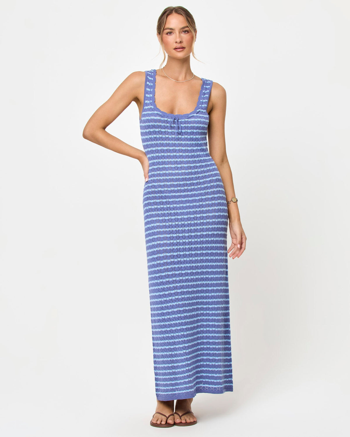 LSPACE Rosalie maxi dress in blue lagoon, front view on model.
