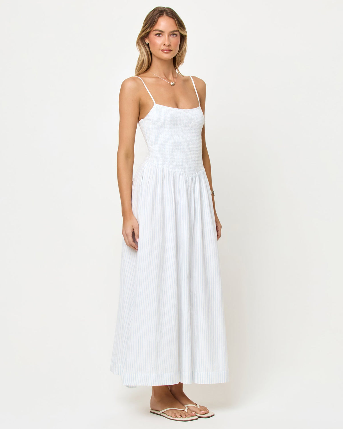 LSPACE Misha midi in Pebble Blue Stripe, front view on model.
