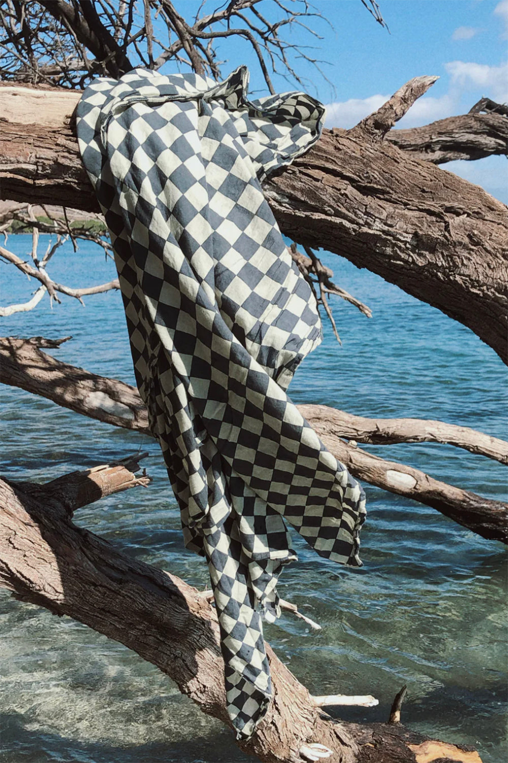 A checkered sarong in green and white hung on a tree branch with a body of water and blue sky in the background.
