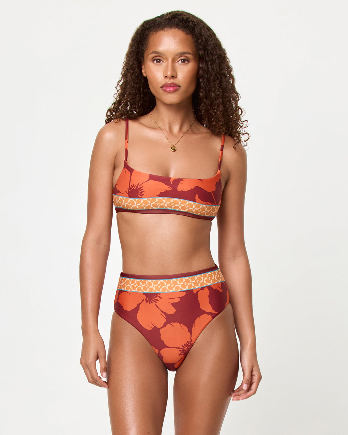 Cocobolo | Badge:New Arrival_#B2AC88_#ffffff'
LSPACE Presley bikini top and Soleil Bikini Bottom in Cocobolo print, front view on model.