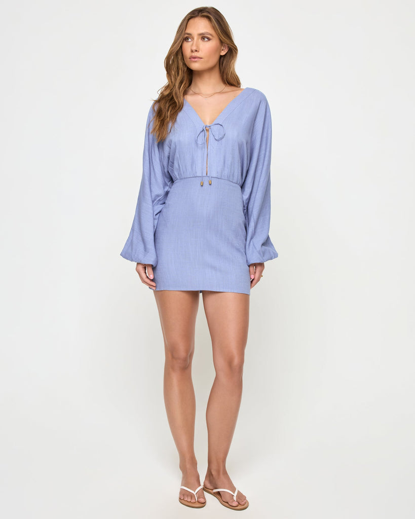 Chambray | Badge:New Arrival_#B2AC88_#ffffff' Blue mini dress with plunging neckline