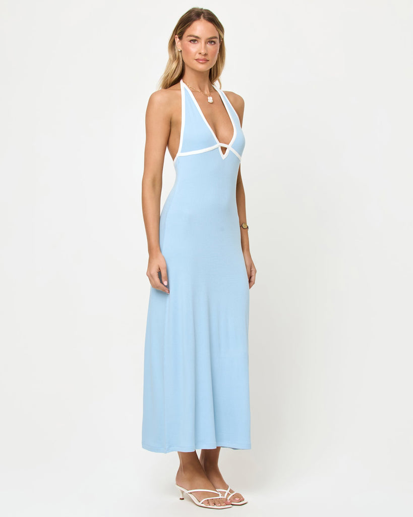 blue and cream maxi dress L*Space Shea Sky / S low_stock_10 Size:PL Chiffon Halter Faux Wrap Prom dresses The structured collar and
