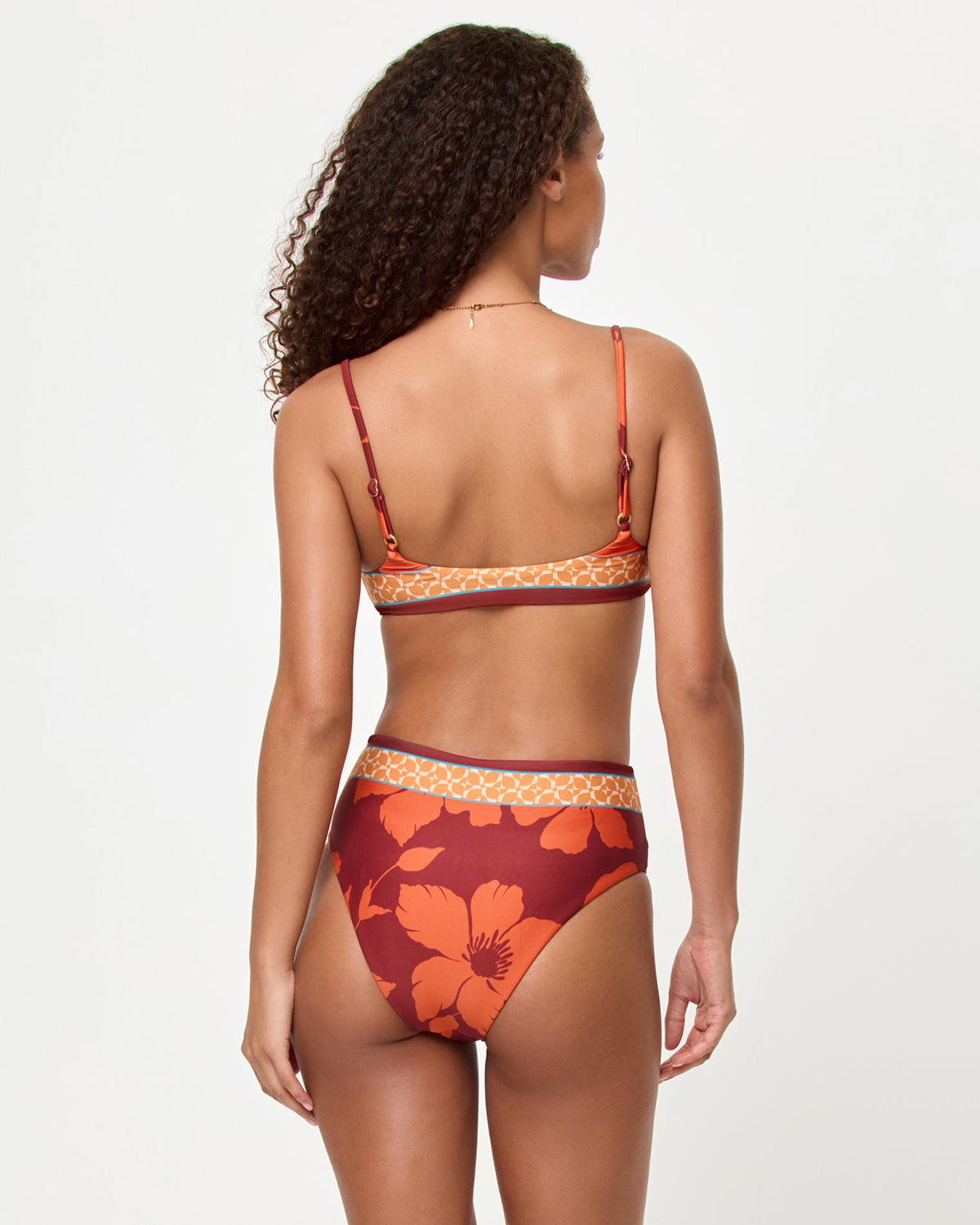 Cocobolo | Badge:New Arrival_#B2AC88_#ffffff'
LSPACE Presley bikini top and Soleil Bikini Bottom in Cocobolo print, back view on model.