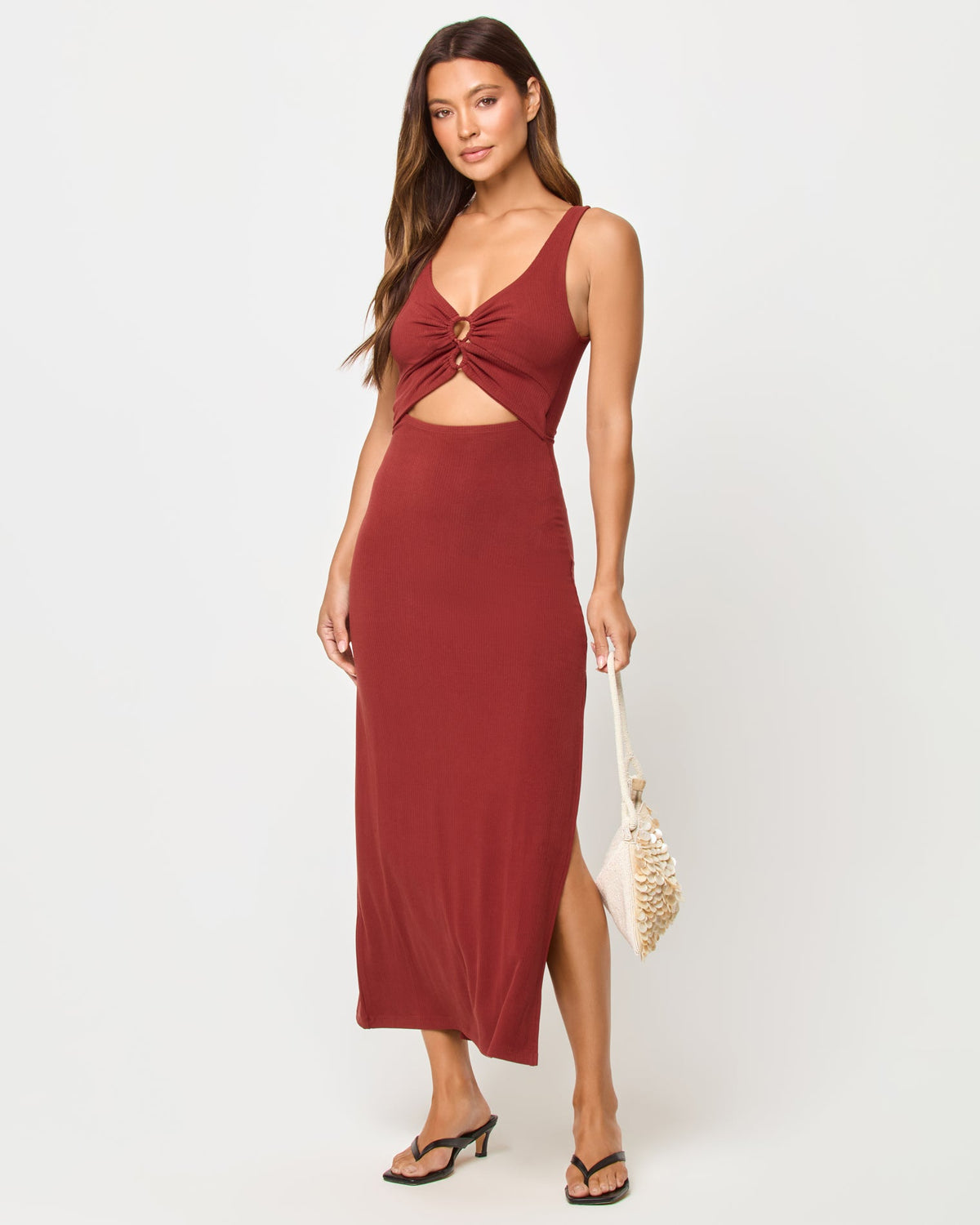 LSPACE Camille dress in dusty fig, front view on model.