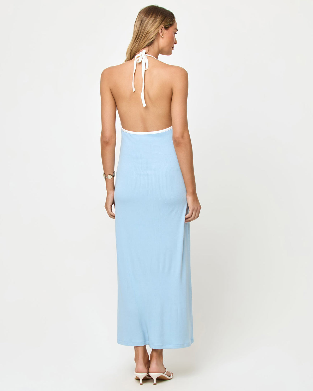 LSPACE Shea Maxi Dress in sky blue cream, back view on model.
