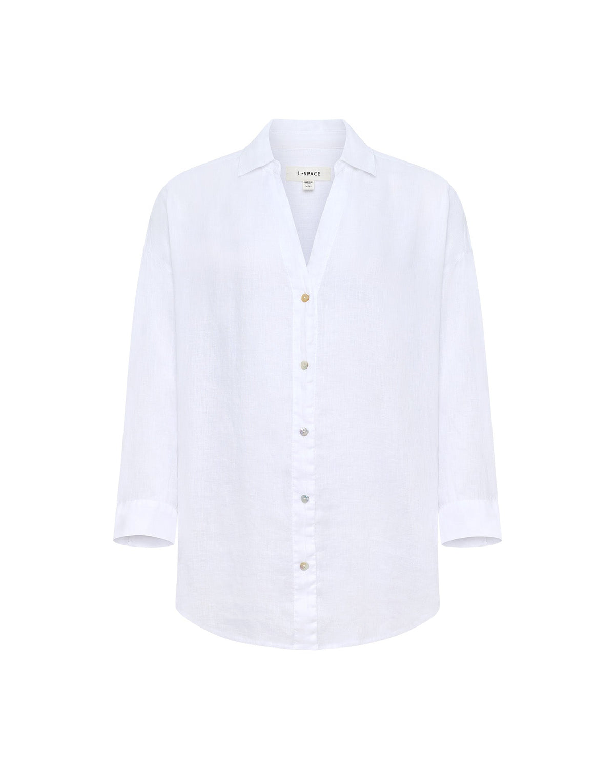 Off-model flat lay of the LSPACE Rio Tunic in white linen with a button-front placket.