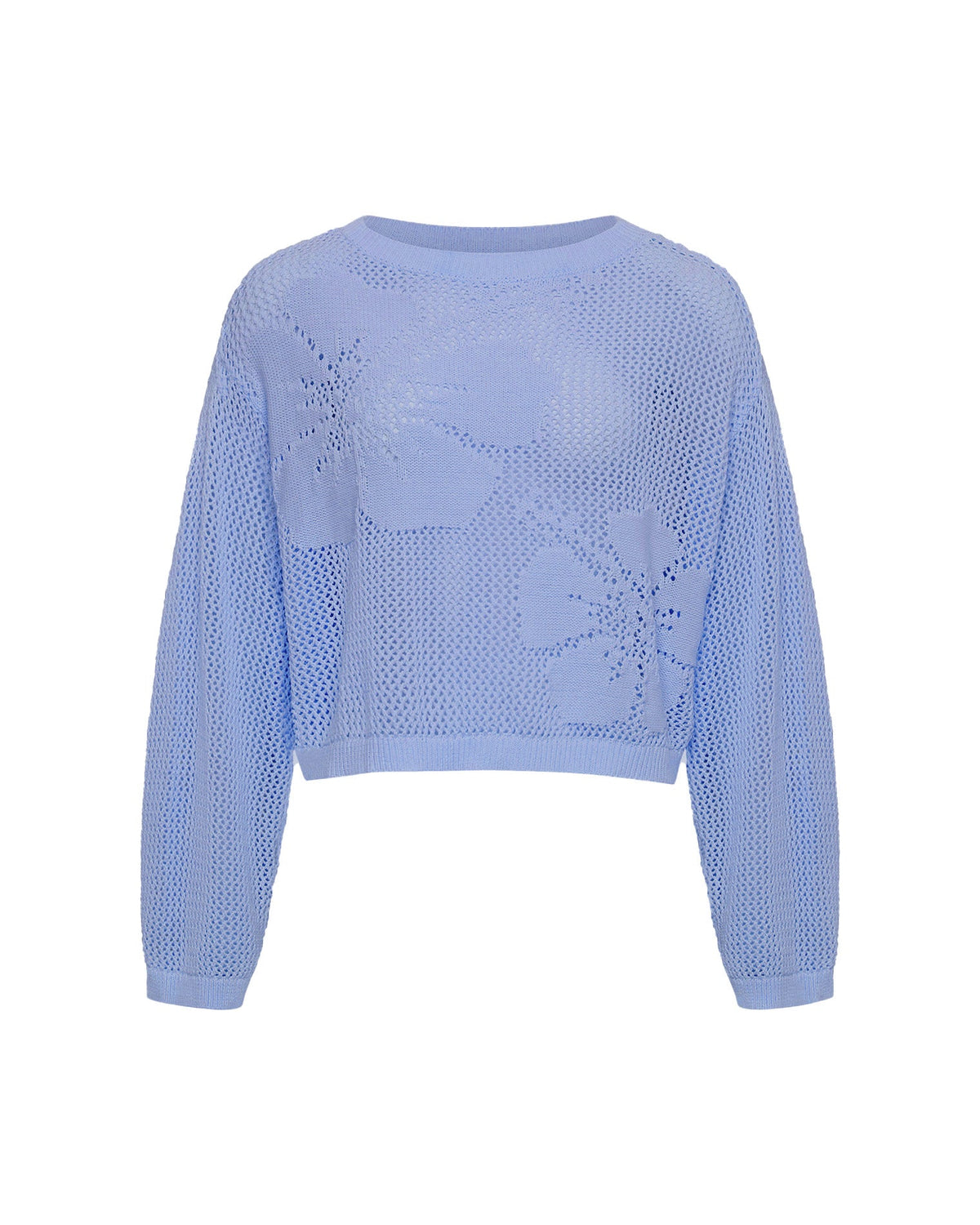 Off-model view of the LSPACE Island Time Sweater in Chambray, a cropped open-knit crochet pullover with a floral motif and long sleeves.